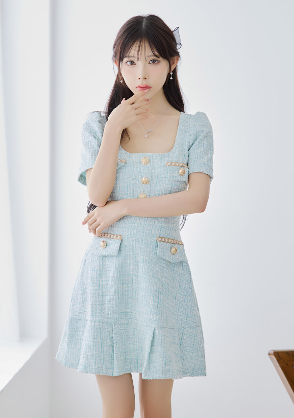 韓国ドレス ワンピース Aライン ミニドレス 大人 上品 ツイード 半袖 パフスリーブ ブラジャーのまま 裾プリーツ Aライン ミニドレスのイメージ画像2