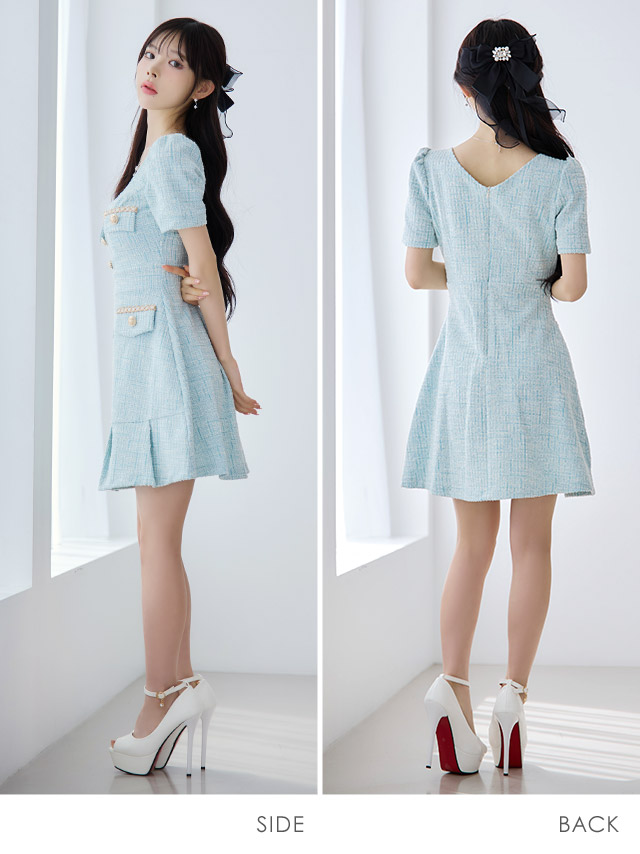 韓国ドレス ワンピース Aライン ミニドレス 大人 上品 ツイード 半袖 パフスリーブ ブラジャーのまま 裾プリーツ Aライン ミニドレスのサイドバッグ全身