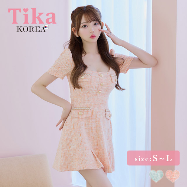 韓国ドレス ワンピース Aライン ミニドレス 大人 上品 ツイード 半袖 パフスリーブ ブラジャーのまま 裾プリーツ Aライン ミニドレスのメイン画像