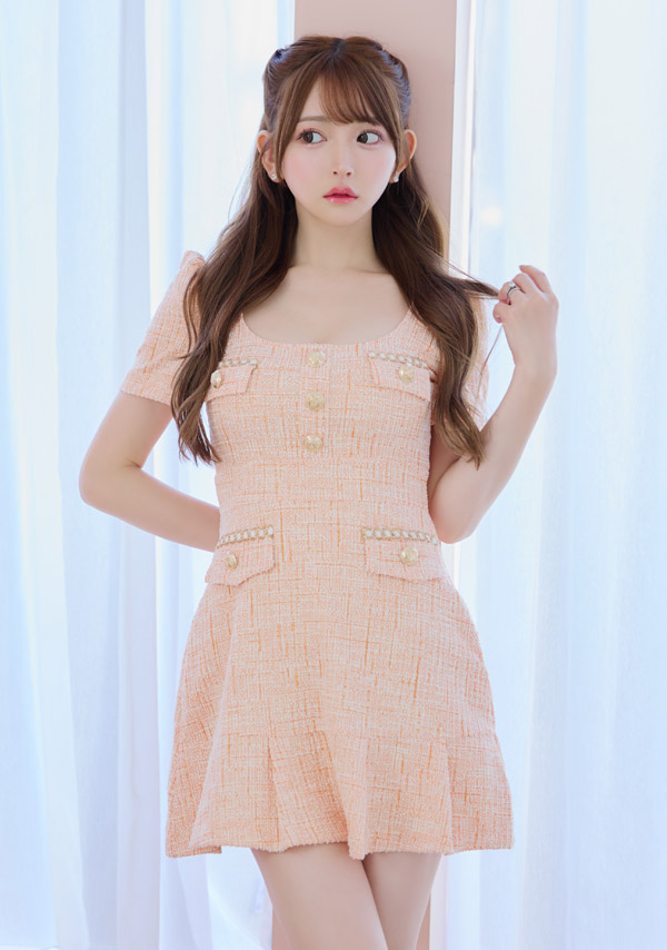 韓国ドレス ワンピース Aライン ミニドレス 大人 上品 ツイード 半袖 パフスリーブ ブラジャーのまま 裾プリーツ Aライン ミニドレスイメージ画像1