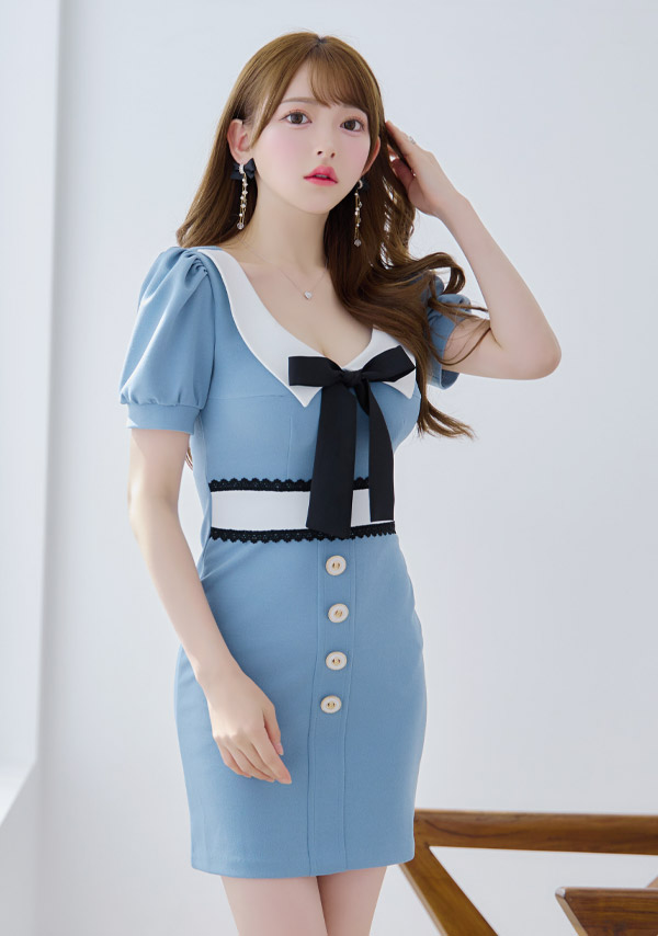 韓国ドレス ミニドレス ネックリボン 襟付き 半袖 パフスリーブ フロントボタン ストレッチ タイト キャバドレスイメージ画像1