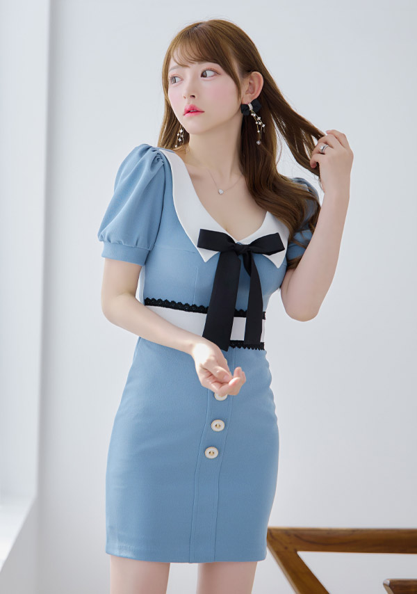 韓国ドレス ミニドレス ネックリボン 襟付き 半袖 パフスリーブ フロントボタン ストレッチ タイト キャバドレスイメージ画像1