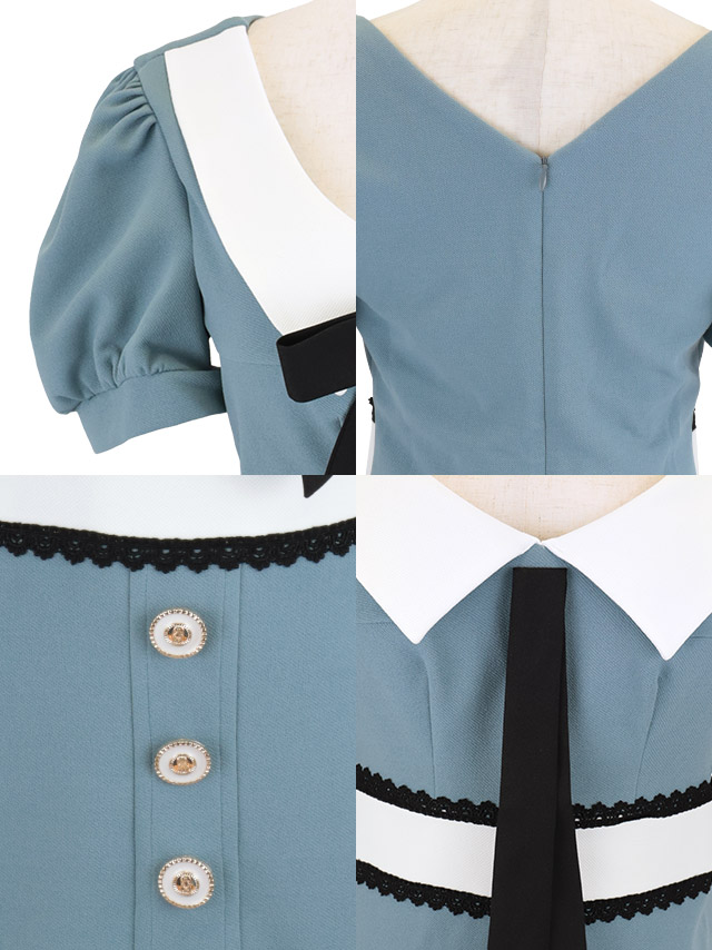 韓国ドレス ミニドレス ネックリボン 襟付き 半袖 パフスリーブ フロントボタン ストレッチ タイト キャバドレスのディティール1