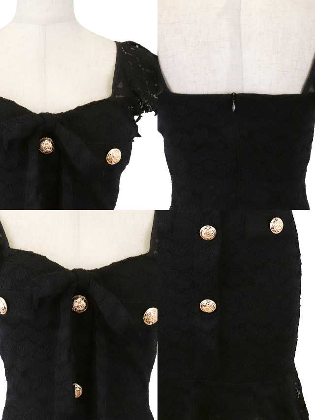 韓国ドレス ミニドレス シンプル 総レース 大人 ノースリーブ ストレッチ ブラジャーのまま ネックリボン ゴールドボタン 裾フリル タイト キャバドレスのディティール1