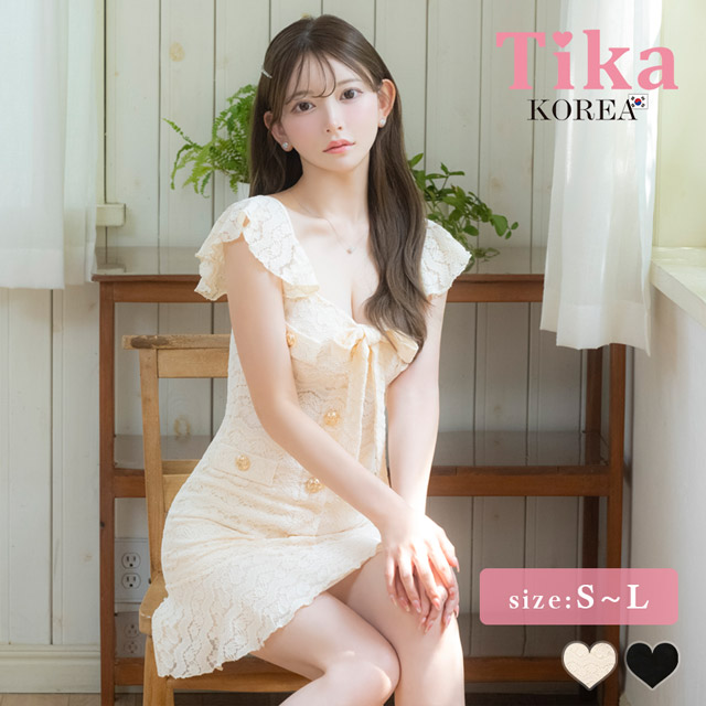 韓国ドレス ミニドレス シンプル 総レース ガーリー ノースリーブ ストレッチ ブラジャーのまま ネックリボン ゴールドボタン 裾フリル タイト キャバドレスのメイン画像