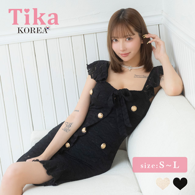 韓国ドレス ミニドレス シンプル 総レース 大人 ノースリーブ ストレッチ ブラジャーのまま ネックリボン ゴールドボタン 裾フリル タイト キャバドレスのメイン画像