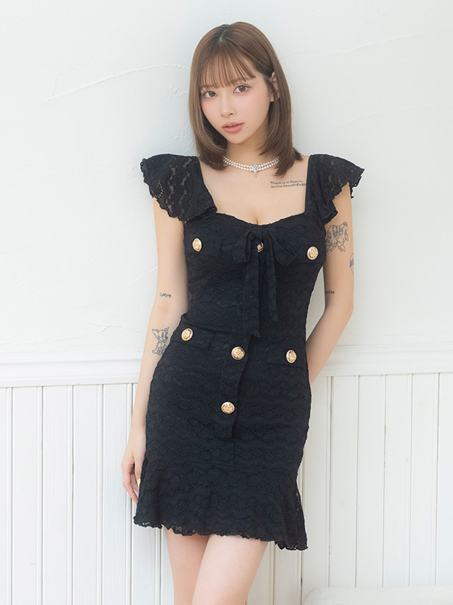 韓国ドレス ミニドレス シンプル 総レース 大人 ノースリーブ ストレッチ ブラジャーのまま ネックリボン ゴールドボタン 裾フリル タイト キャバドレスのイメージ画像2