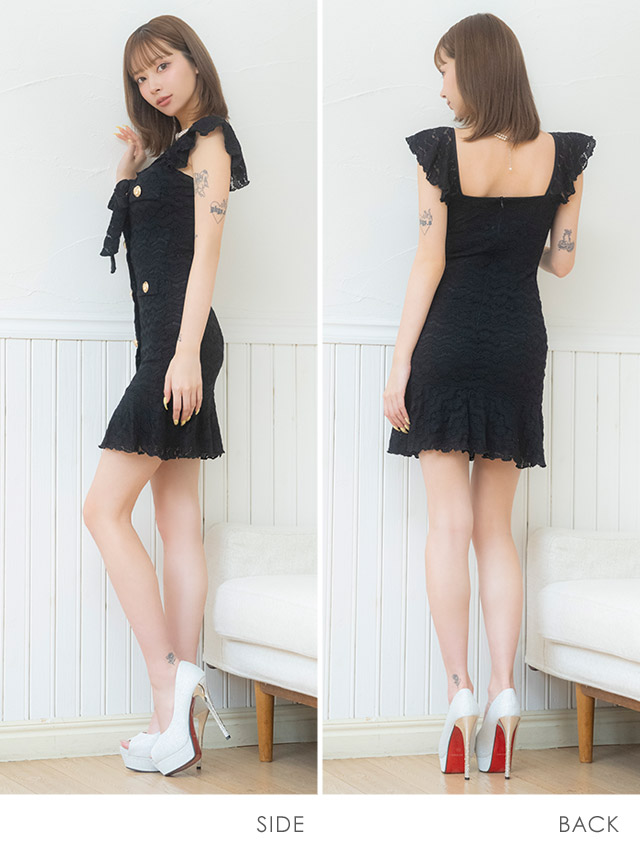 韓国ドレス ミニドレス シンプル 総レース 大人 ノースリーブ ストレッチ ブラジャーのまま ネックリボン ゴールドボタン 裾フリル タイト キャバドレスのサイドバッグ全身