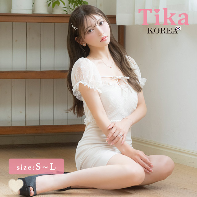 韓国ドレス バストリボン 半袖 レース ストレッチ ドット柄 パフスリーブ ラップスカート タイト キャバドレスのメイン画像