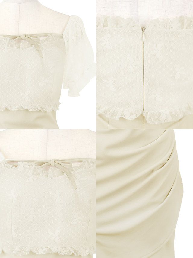 韓国ドレス バストリボン 半袖 レース ストレッチ ドット柄 パフスリーブ ラップスカート タイト キャバドレスのディティール1