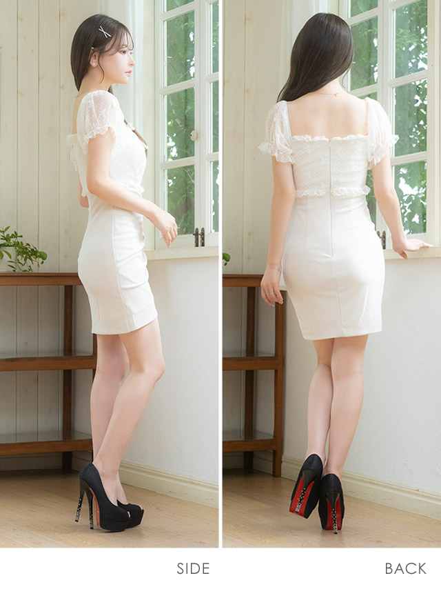 韓国ドレス バストリボン 半袖 レース ストレッチ ドット柄 パフスリーブ ラップスカート タイト キャバドレスのサイドバッグ全身