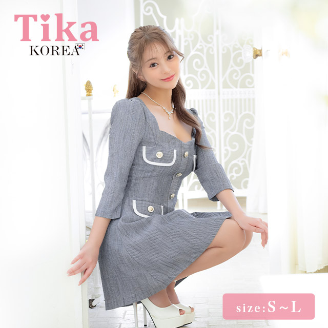 ワンピース Aライン ミニドレス 袖あり フロントボタン フェイクポケット パイピング ツイード 胸元カバー 下着のまま 同伴 グレー キャバドレスのメイン画像