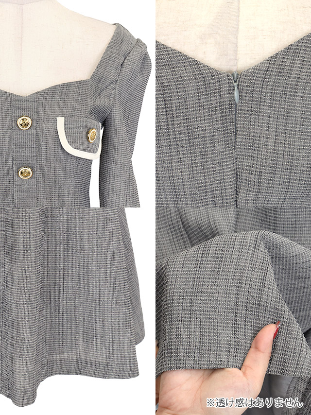 ワンピース Aライン ミニドレス 袖あり フロントボタン フェイクポケット パイピング ツイード 胸元カバー 下着のまま 同伴 グレー キャバドレスのディティール1