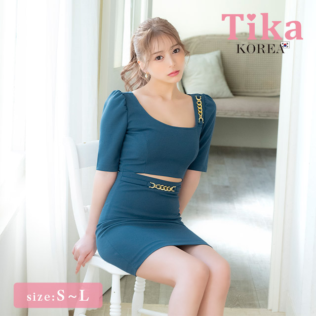 ミニドレス タイト 袖あり パフスリーブ スクエアネック ゴールドチェーン ウエストカット ストレッチ ブルー キャバドレスのメイン画像