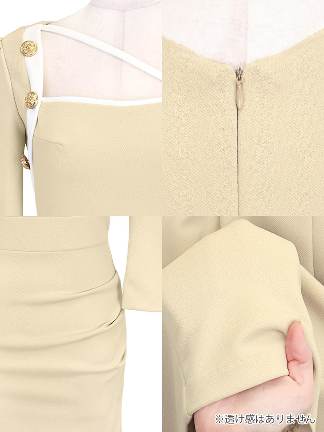 ミニドレス タイト 袖あり 二の腕カバー スクエアネック デコルテコード ゴールドボタン ストレッチ パイピング ネイビー キャバドレスのディティール1