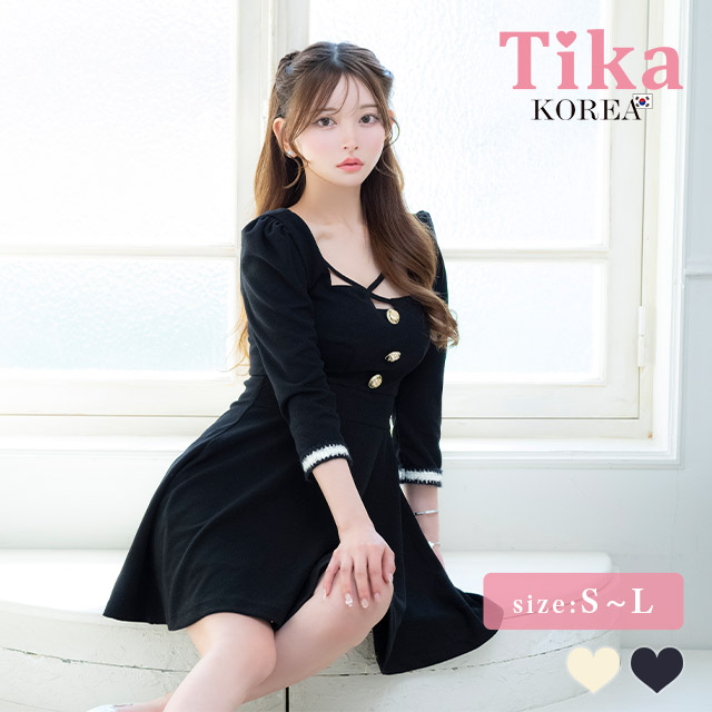 ワンピース Aライン ミニドレス 袖あり ゴールドボタン スクエアネック クロス ストレッチ 胸元カバー 同伴 黒 キャバドレスのメイン画像