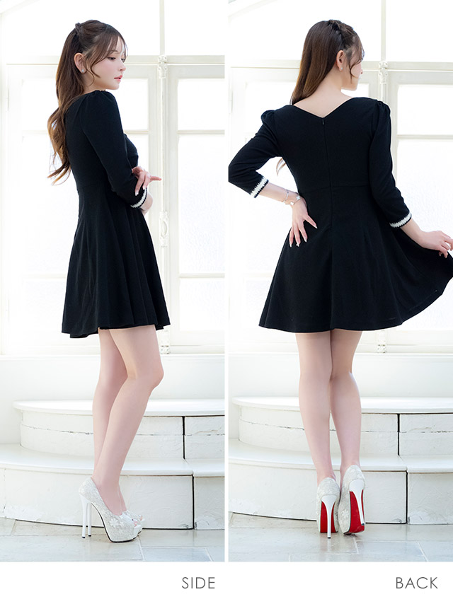 ワンピース Aライン ミニドレス 袖あり フロントボタン ゴールドチェーン フェイクポケット ストレッチ 胸元カバー 下着のまま 同伴 ベージュ キャバドレス のサイドバッグ全身