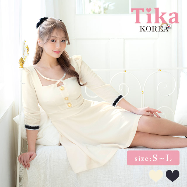 ワンピース Aライン ミニドレス 袖あり ゴールドボタン スクエアネック クロス ストレッチ 胸元カバー 同伴 アイボリー ブラのまま着れる キャバドレスのメイン画像