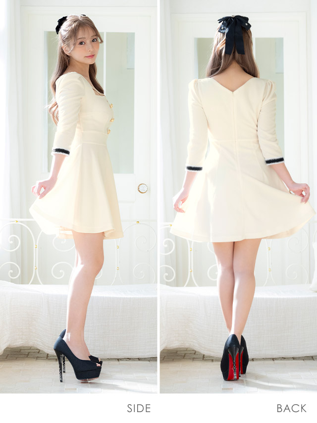 ワンピース Aライン ミニドレス 袖あり ゴールドボタン スクエアネック クロス ストレッチ 胸元カバー 同伴 アイボリー ブラのまま着れる キャバドレスのサイドバッグ全身