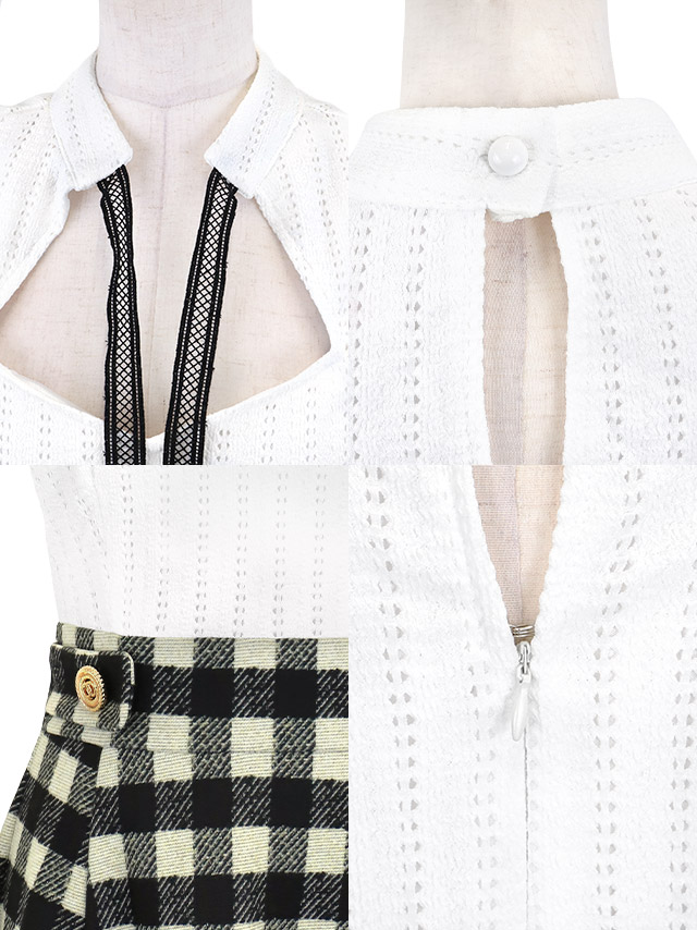 ミニドレス Aライン ワンピース 谷間 バストカット ネックリボン 長袖 二の腕カバー チェック柄 白 同伴 キャバドレスのディティール1