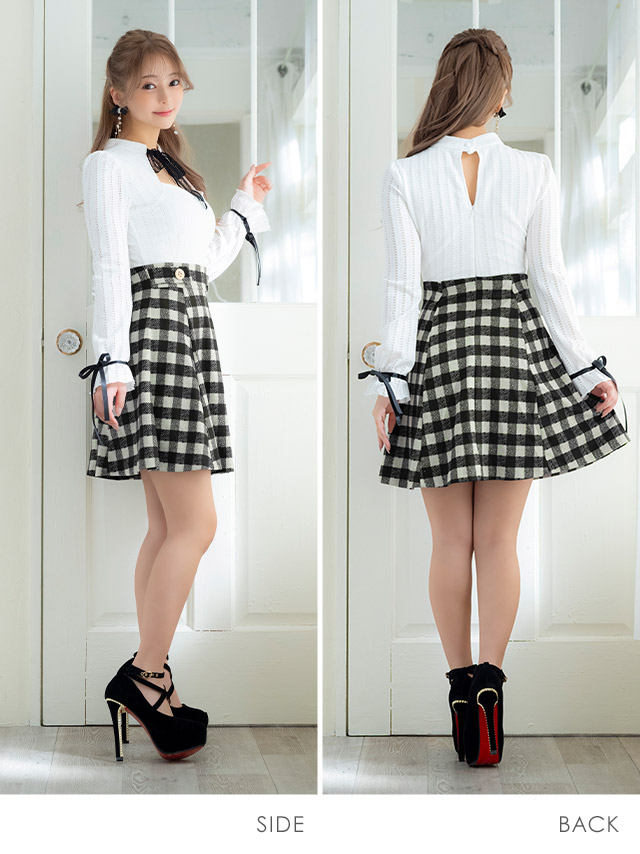 ミニドレス Aライン ワンピース 谷間 バストカット ネックリボン 長袖 二の腕カバー チェック柄 白 同伴 キャバドレスのサイドバッグ全身