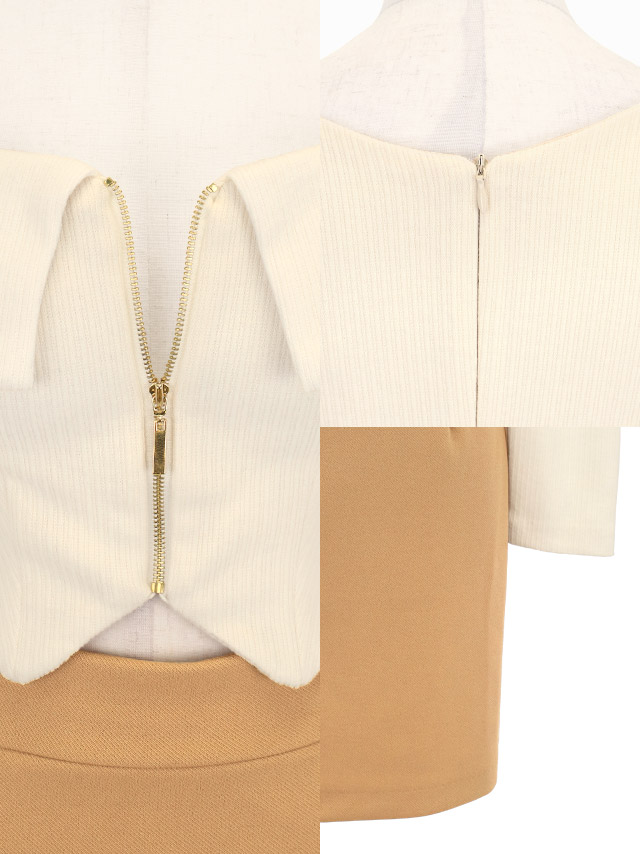 タイトミニドレス 谷間 ストレッチ 半袖 ウエストカット ジップ リボン バイカラーのディティール1