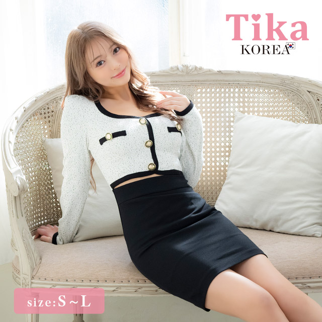 ミニドレス タイト 長袖 ゴールドボタン ウエストカット ストレッチ ツイード調 パイピング モノトーン 白 黒 キャバドレスのメイン画像