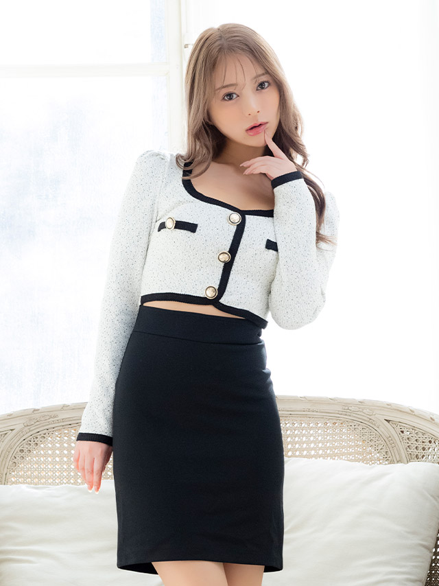 ミニドレス タイト 長袖 ゴールドボタン ウエストカット ストレッチ ツイード調 パイピング モノトーン 白 黒 キャバドレスのイメージ画像2
