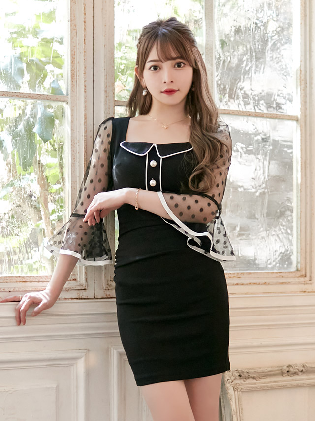 韓国ドレス ミニドレス ネックリボン 襟付き 半袖 パフスリーブ バストカット ギンガムチェック柄 谷間魅せ Aライン キャバドレスのイメージ画像2