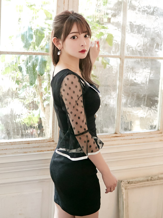 韓国ドレス ミニドレス ネックリボン 襟付き 半袖 パフスリーブ バストカット ギンガムチェック柄 谷間魅せ Aライン キャバドレスのイメージ画像2