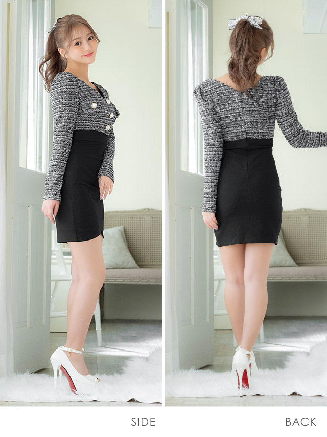 タイトミニドレス 谷間 ストレッチ 半袖 ウエストカット ジップ リボン バイカラーのサイドバッグ全身