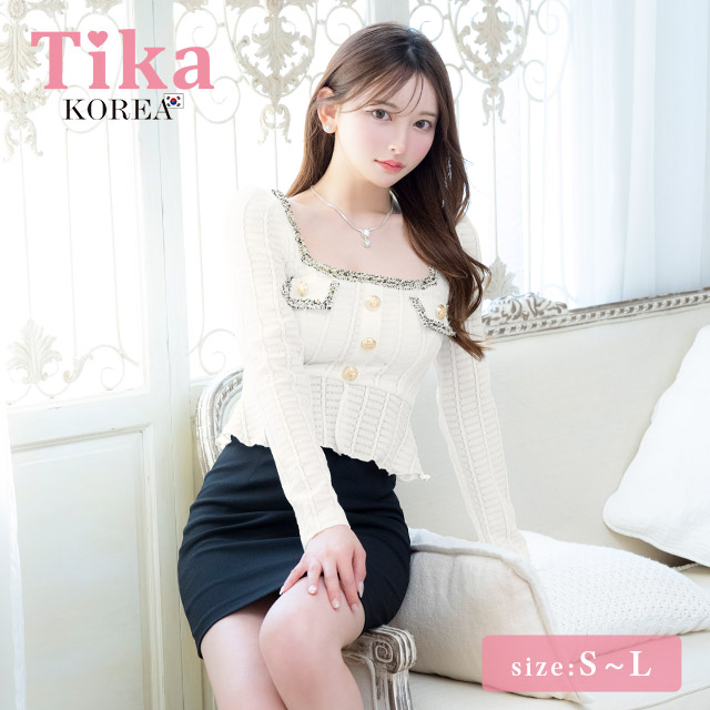 ミニドレス タイト 長袖 スクエアネック ゴールドボタン ペプラム ストレッチ ツイード モノトーン 白 黒 キャバドレスのメイン画像