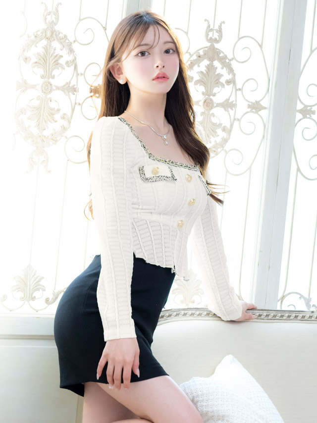 ミニドレス タイト 長袖 スクエアネック ゴールドボタン ペプラム ストレッチ ツイード モノトーン 白 黒 キャバドレスのイメージ画像2