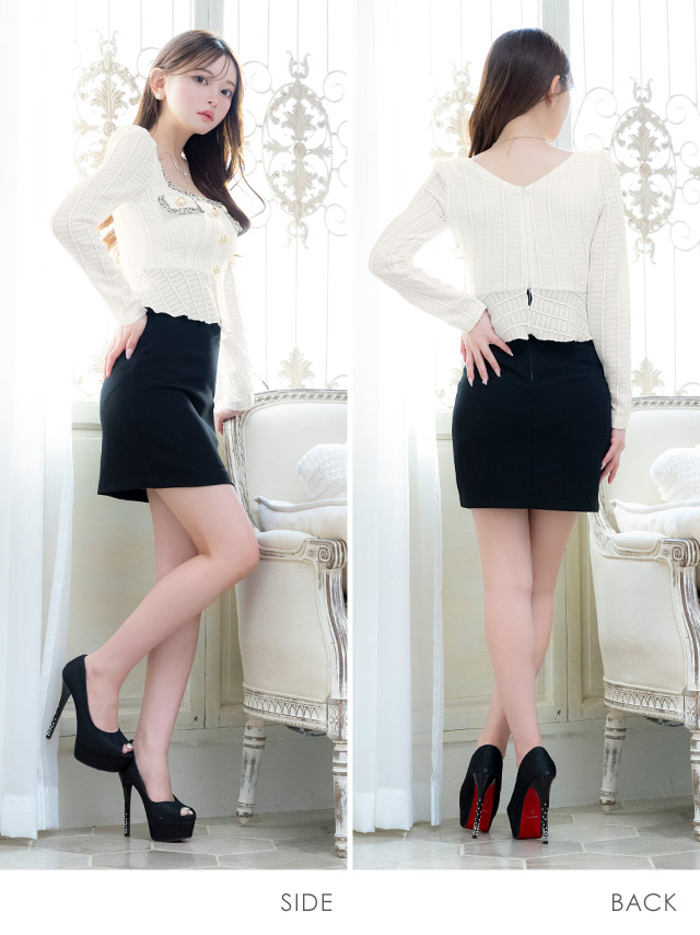 ミニドレス タイト 長袖 スクエアネック ゴールドボタン ペプラム ストレッチ ツイード モノトーン 白 黒 キャバドレスーのサイドバッグ全身