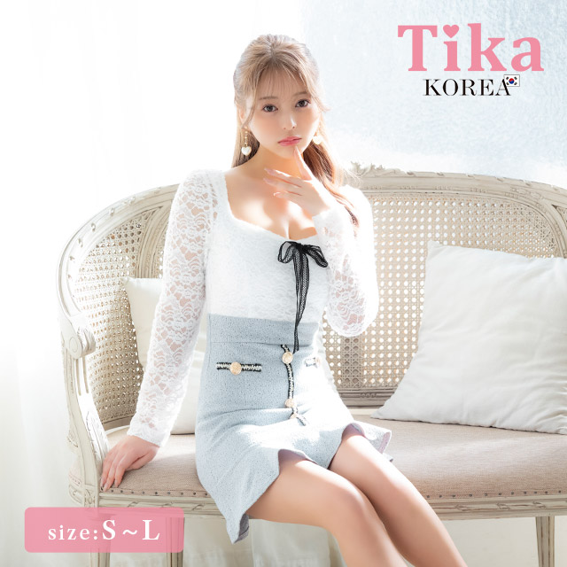 ミニドレス タイト 長袖 ホワイトレース スクエアネック ネックリボン ツイード パールボタン 裾フリル 同伴 白 グレー キャバドレスのメイン画像