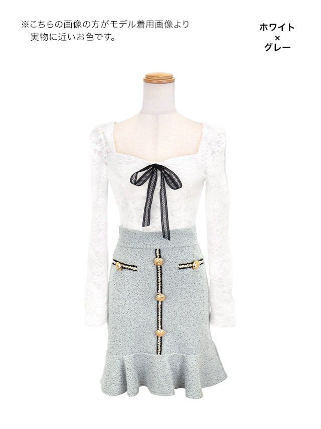 ミニドレス タイト 長袖 ホワイトレース スクエアネック ネックリボン ツイード パールボタン 裾フリル 同伴 白 グレー キャバドレスのカラーバリエーション