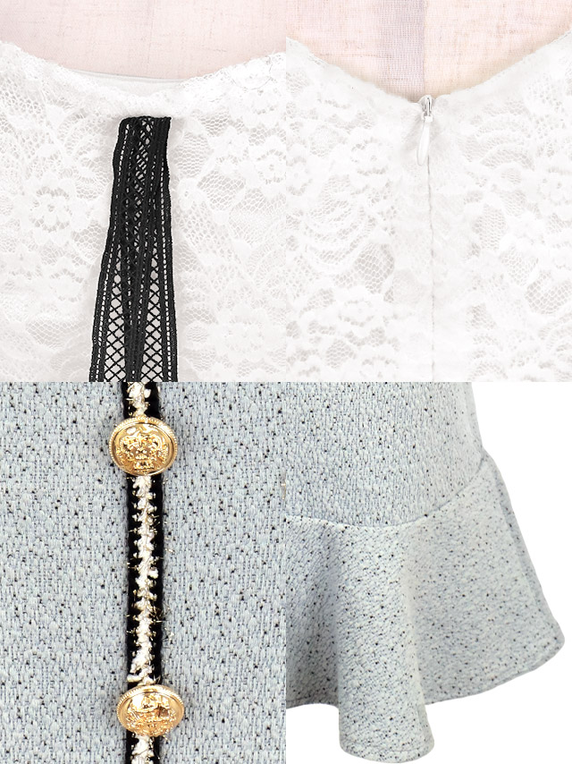 ミニドレス タイト 長袖 ホワイトレース スクエアネック ネックリボン ツイード パールボタン 裾フリル 同伴 白 グレー キャバドレスのディティール1