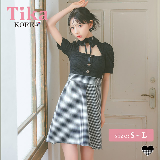 韓国ドレス ミニドレス ネックリボン 襟付き 半袖 パフスリーブ バストカット ギンガムチェック柄 谷間魅せ Aライン キャバドレスのメイン画像