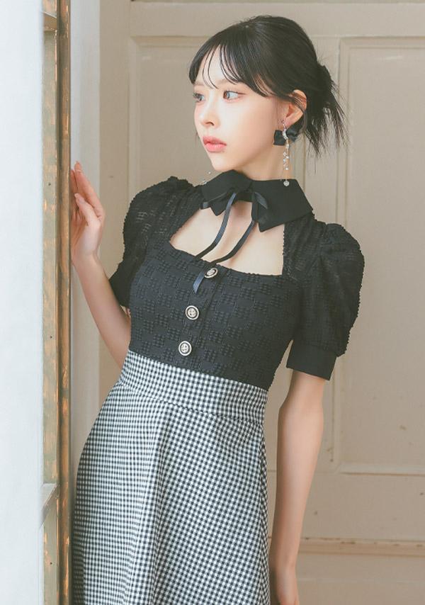 韓国ドレス ミニドレス ネックリボン 襟付き 半袖 パフスリーブ バストカット ギンガムチェック柄 谷間魅せ Aライン キャバドレスイメージ画像1