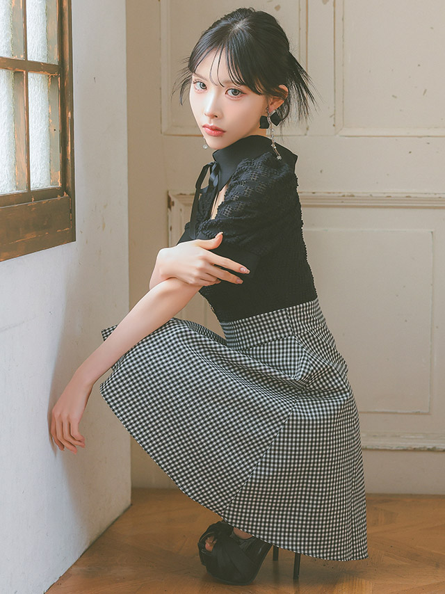 韓国ドレス ミニドレス ネックリボン 襟付き 半袖 パフスリーブ バストカット ギンガムチェック柄 谷間魅せ Aライン キャバドレスイメージ画像1