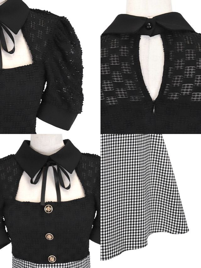 韓国ドレス ミニドレス ネックリボン 襟付き 半袖 パフスリーブ バストカット ギンガムチェック柄 谷間魅せ Aライン キャバドレスのディティール1