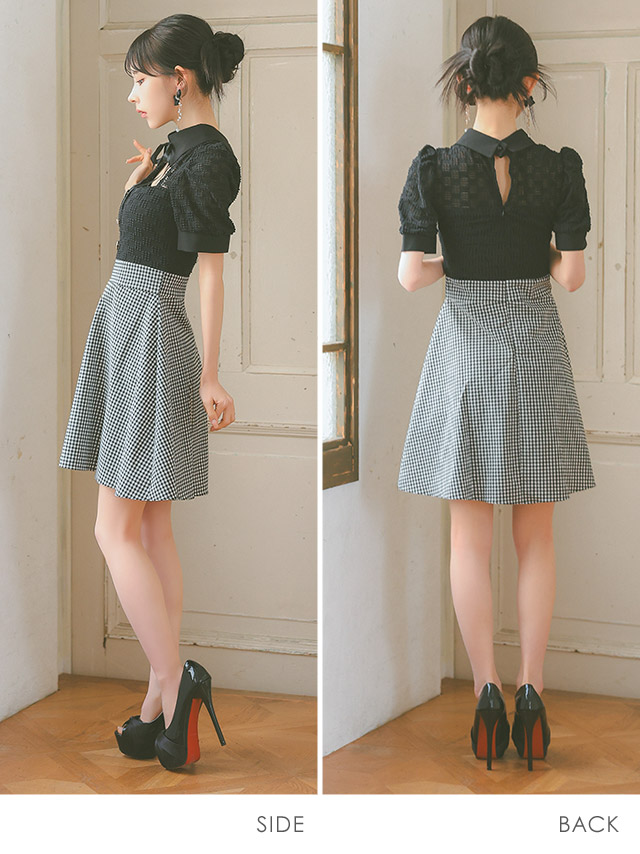 韓国ドレス ミニドレス ネックリボン 襟付き 半袖 パフスリーブ バストカット ギンガムチェック柄 谷間魅せ Aライン キャバドレスのサイドバッグ全身