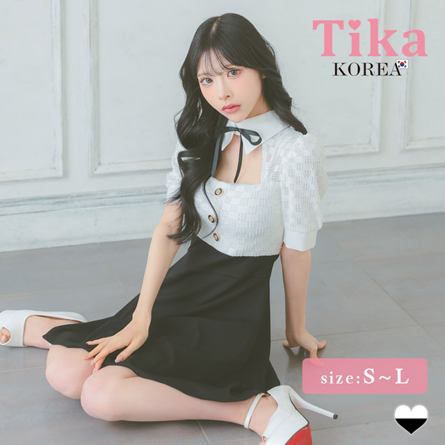 韓国ドレス ミニドレス ネックリボン 襟付き 半袖 バストカット モノトーン 谷間魅せ Aライン キャバドレスのメイン画像