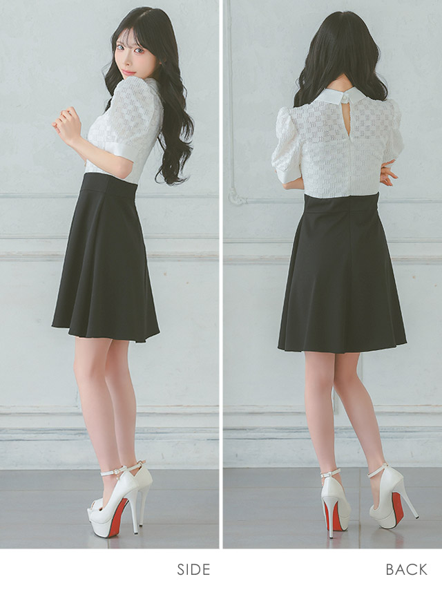 韓国ドレス ミニドレス ネックリボン 襟付き 半袖 バストカット モノトーン 谷間魅せ Aライン キャバドレスのサイドバッグ全身