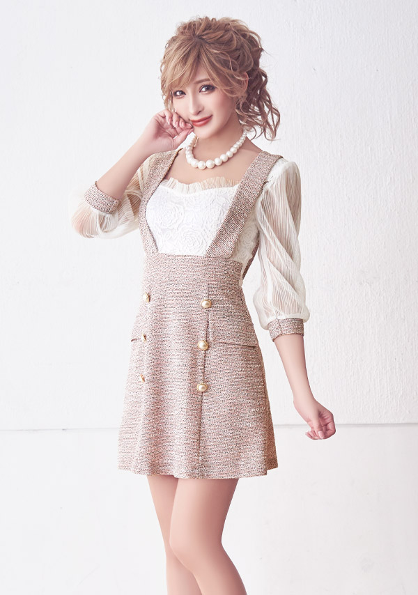 韓国ドレス ミニドレス サロペット ガーリー ツイード シフォン 袖あり 七分袖 Aライン ワンピース キャバドレスイメージ画像1