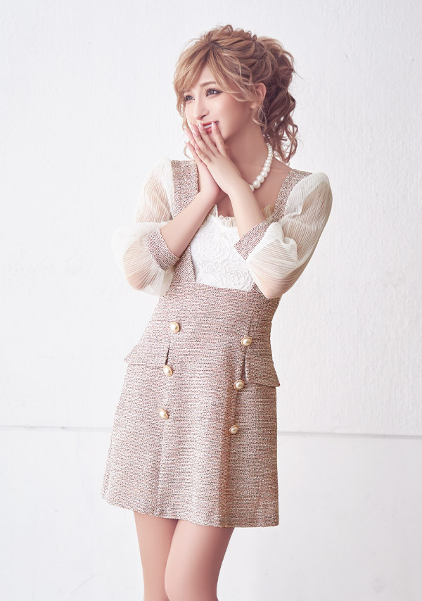 韓国ドレス ミニドレス サロペット ガーリー ツイード シフォン 袖あり 七分袖 Aライン ワンピース キャバドレスのイメージ画像2