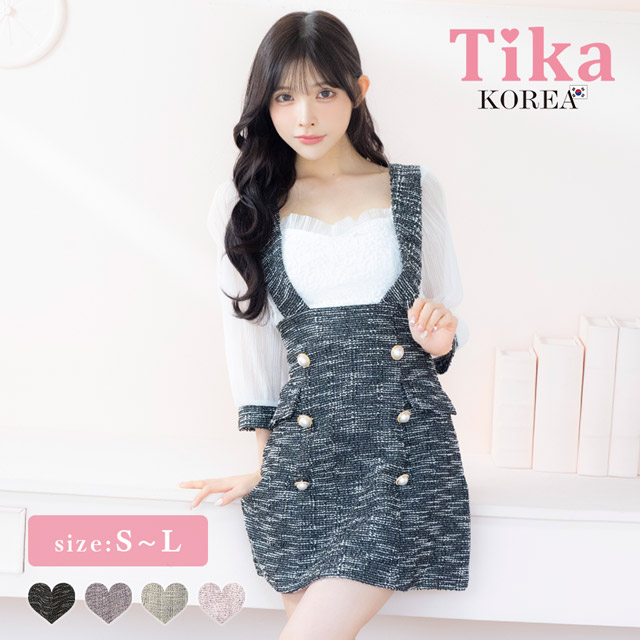 韓国ドレス ミニドレス サロペット ガーリー ツイード シフォン 袖あり 七分袖 Aライン ワンピース キャバドレスのメイン画像