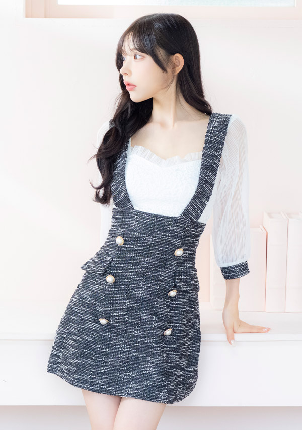 韓国ドレス ミニドレス サロペット ガーリー ツイード シフォン 袖あり 七分袖 Aライン ワンピース キャバドレスのイメージ画像2