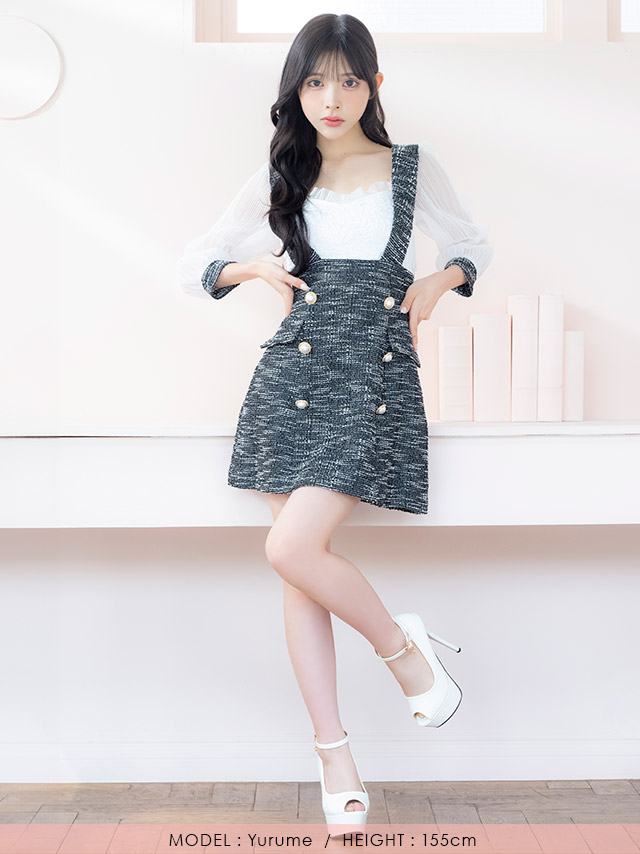 韓国ドレス ミニドレス サロペット ガーリー ツイード シフォン 袖あり 七分袖 Aライン ワンピース キャバドレスのフロント全身