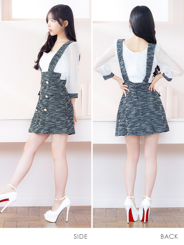 韓国ドレス ミニドレス サロペット ガーリー ツイード シフォン 袖あり 七分袖 Aライン ワンピース キャバドレスのサイドバッグ全身
